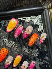 10pcs Handmade Pink Almond Shaped Artificial Nails Set, Includes 4 Sizes Removable And Reusable, Suitable For Holiday, Daily, Party, Gathering And Other Occasions, Comes With Jelly Glue And Nail File - Hot Pink - View 6