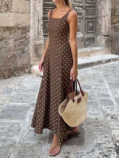 Brown Base White Polka Dot Sleeveless U-Neck A-Line Flare Hem Dress, Suitable For Casual Daily & Holiday Wear, Spring/Summer
