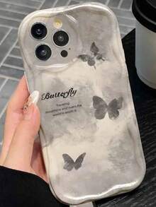 1pc Gray Butterfly Text UV Printed Pattern Design Cream Texture Phone Case, Suitable For IPhone XR 11 12 13 14 15 16 Plus 17 Pro Max Air Series, Durable And Fashionable Design, Full Camera Protection, Good Grip, Protective - Multicolor - View 5