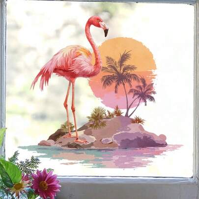 精美的火烈鸟和时尚的棕榈树贴纸，适合海滩主题设计，完美适用于汽车、窗户、墙壁和卡车。
