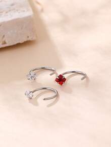 1pc White Square, 1pc Red Square, 1pc White Heart Shaped Shiny Cubic Zirconia Nose Rings, Stainless Steel C-Shape Nose Piercing Studs, Minimalist Fashion Party Wear Gift For Women - Simplicity - View 3