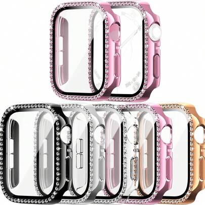2-Piece Set Of Shiny Single-Diamond Electroplated Protective Cases For Apple Watch, With Integrated Full-Cover Watch Case And HD Tempered Glass Film, Compatible With 40/41/44/45mm, 42/46mm Series 10/11, Ultra/SE/11/10/9/8/7/6/5/4