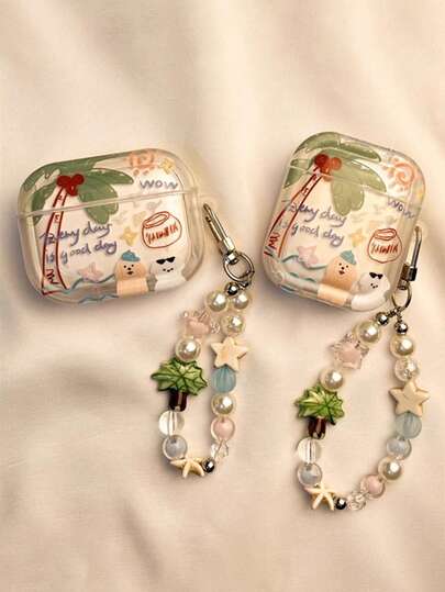 Hörlursfodral, söt tecknad bohemisk stil kokosnötsträd graffitihund med hänge, bärbart batterifodral för AirPodscase, AirPodsPro, AirPods4case, AirPods1case, 2, 3, Pro 2, Pro 3 mjukt fodral för AirPods4case, Iyahong-fodral, lämplig för semestrar, oumbärlig resedekoration