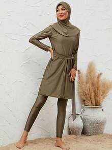 VFJ Áo tắm Burkini co giãn cao dành cho nữ, cổ tròn, kiểu dáng thường ngày, cạp cao vừa phải, thích hợp cho kỳ nghỉ hè. - Màu be - Xem 5
