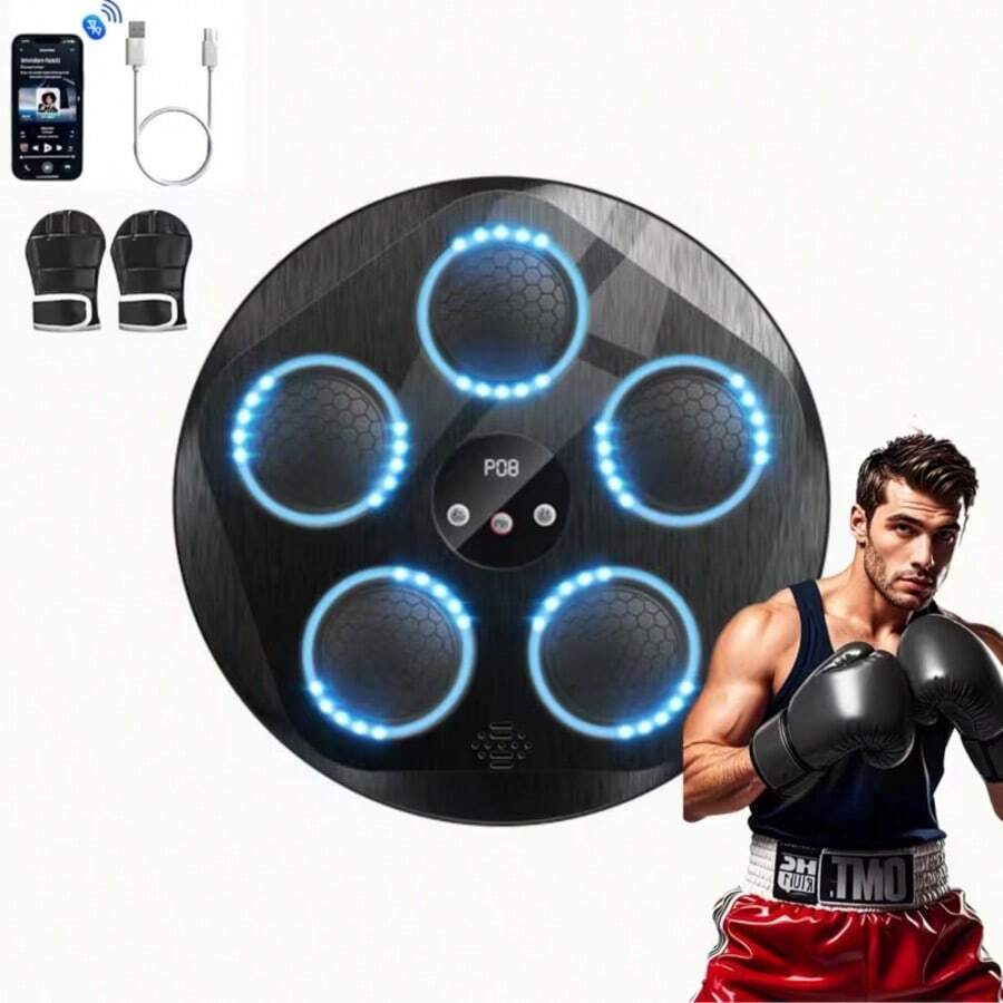 Máquina de Boxeo Musical, Entrenador de Golpes Interactivo con Guantes de Boxeo, Gran Objetivo de Boxeo Electrónico Montado en la Pared para Adultos y Niños, 9 Modos y 9 Velocidades. - Negro - Ver 1