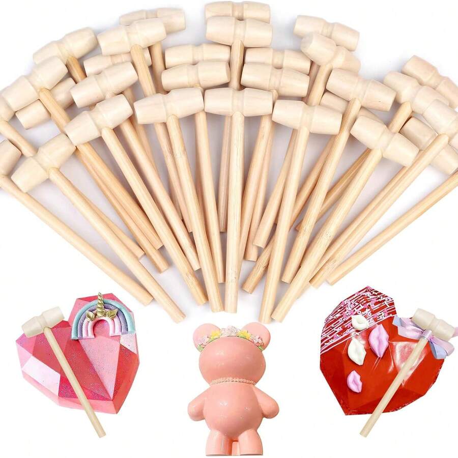 15/30pcs Mini Wooden Hammers, Chocolate Cracking Hammers Suitable For Cracking Heart-Shaped Chocolate, Chocolate Bear Molds, Handmade DIY & Party Use - Apricot - View 1
