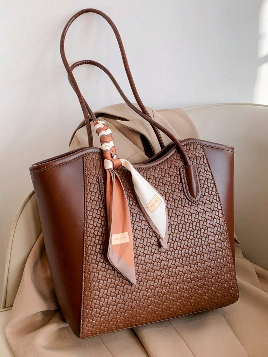 2026 New Large Capacity Women's Shoulder Bag With Scarf, Commuter Handbag, Elegant Versatile Casual Tote Bag - Coffee Brown - View 1