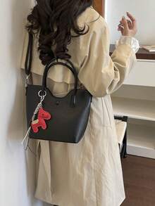 女士新款简约纯色水桶包,轻奢高端亮面手提包,通勤百搭单肩包。 - 黑色 - 查看 7