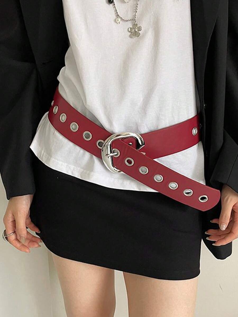 1 chiếc thắt lưng bản rộng đa năng bằng da PU màu đỏ dành cho nữ, phong cách đường phố punk, màu trơn. - Đỏ - Xem 1