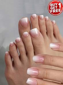 24 Pieces Of Hand And 24 Pieces Of Foot French-Style Pink Gradient Manicure Fake Nails - Multicolor - View 7