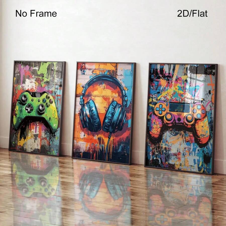 一套三幅游戏涂鸦艺术画，游戏主题海报，适合男孩卧室装饰，游戏室艺术品，游戏主题印刷品，男孩房游戏主题墙画，游戏主题墙画，无框 - 多色 - 查看 1