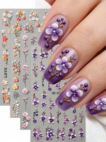 4Pcs 5D Embossed Daisy Rose Nail Stickers 5-Petal Floral Designs Nail Art Decals Self-Adhesive Spring Blossom Manicure Sliders - Multicolor - View 10