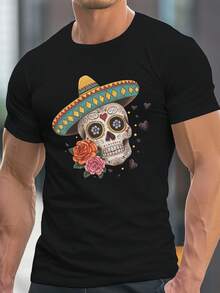 Camiseta Casual de Cuello Redondo para Hombre con Estampado de Calavera Azucarada y Sombrero - Poliéster Ligero y Transpirable para Comodidad en Verano - Negro - Ver 7