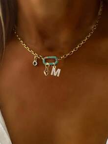 1件金色字母吊坠项链，天蓝色椭圆形扣环链，不锈钢链，时尚多珠项链，独特奢华女士项链 - 金黃色 - 查看 2