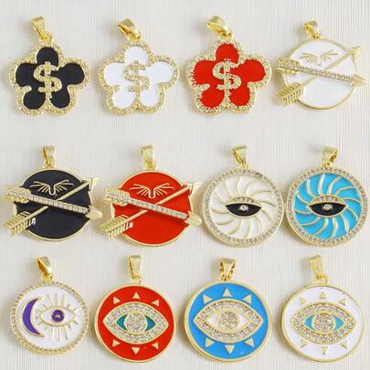1个铜质花朵吊坠，带有字母S、邪眼、月亮眼、双箭翼圆形吊坠，适合DIY手链、项链、脚链，是情人节、母亲节、日常佩戴、送给同事的理想礼物。