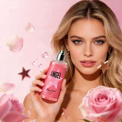 1瓶100毫升五芒星天使之心空气清新剂，女士适用香氛喷雾，持久清新，融合东方果香和花香——桃子|古龙水|茉莉|佛手柑，提升自信与魅力，星形瓶身象征您的体贴，防漏设计，是圣诞节、派对、万圣节、商务旅行、节日、父母、情侣和朋友生日的理想礼物。