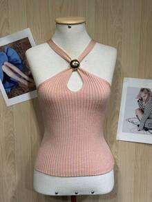 Halter Mesh Top With Metallic Detail - Màu Hồng baby - Xem 2