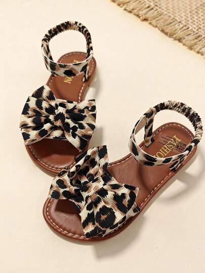 1 Pair Girls' Summer Leopard Print Sandals, Open Toe Elastic Strap Flat Sandals, Big Bow Elastic Strap Summer Princess Shoes, Fashionable Outfit, Suitable For Daily Casual, Wedding, Party, Beach