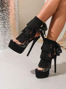 Giày sandal cao gót thời trang nữ, mũi tròn, họa tiết tua rua rỗng, buộc dây, cao 16cm, kiểu dáng sành điệu cho hộp đêm, giày cao gót cho vũ nữ thoát y, trang phục mùa hè. - màu đen - Xem 1