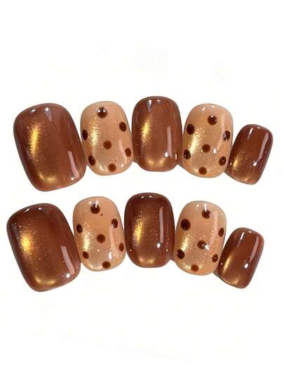 10pcs It's Named Polka Dot Brown. This Manicure Features A Warm Gradient From Deep Chocolate Brown To Creamy Beige, With A Luminous Cat-Eye Sheen. The Playful Brown Polka Dots On The Nude Base Add A Retro Touch, While The Glossy Finish Enhances The Rich, Autumnal Tones-Perfect For Cozy, Stylish Everyday Wear. Handmade Press On Nails