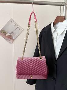 1 pièce Sac à épaule matelassé en velours rose brodé avec chaîne, convient pour un usage quotidien, les déplacements, les sorties et les cadeaux - Rose bonbon - Voir 3
