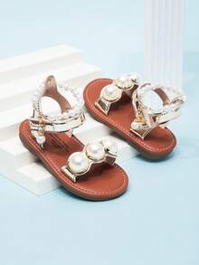 Cute White Infant Sandals With Pearl Chain & Hook And Loop Ankle Strap - Gold - View 5