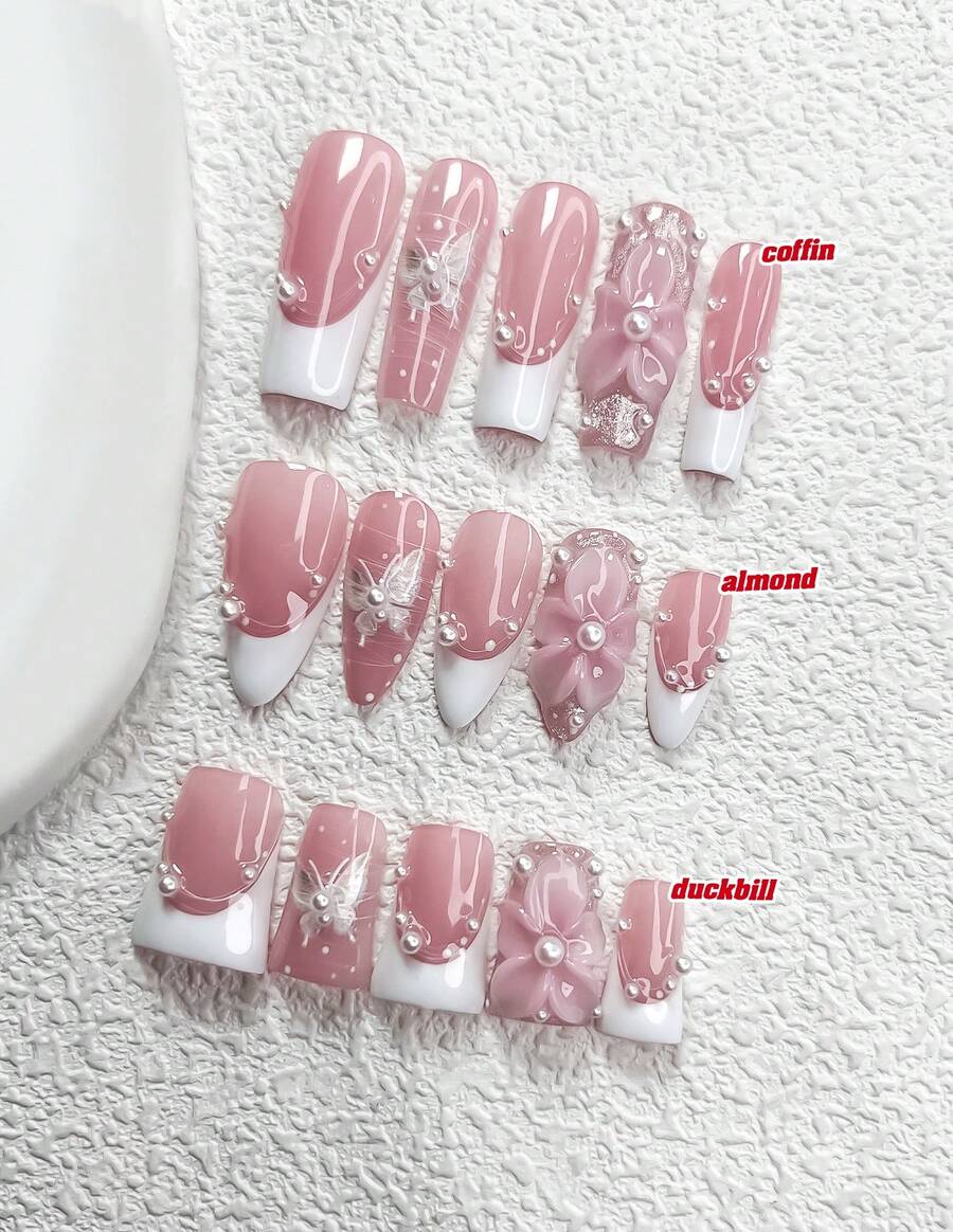 10Pcs Fairy Style Polygel Nail Set,Acrylic Press-On Nails,Hand-Pinched Five-Petal 3D Camellia Nail Art Accessories,White Butterfly Sticke,Adorned With Small White Pearls,White Nail Polish,Romantic Newlywed Nail Art Set,Comes With Nail Tools(1 Sheets Jelly Stickers+1PC Nail File)3 Sizes Available,Almond Nails, Duck Nails,Coffin Nails,Suitable For Daily, Reunion,Party,Photograph,Play,Spring Summer,Commute Supplies Nails - 彩色 - 查看 1