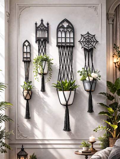 1件黑色哥特式窗户蜘蛛网图案装饰植物吊篮，波西米亚哥特风格悬挂式花盆架，拱形教堂框架设计，带长流苏细节，壁挂式花盆展示架，适用于万圣节派对、客厅、卧室、阳台、门廊、花园，营造女巫美学家居装饰（不含花盆）。