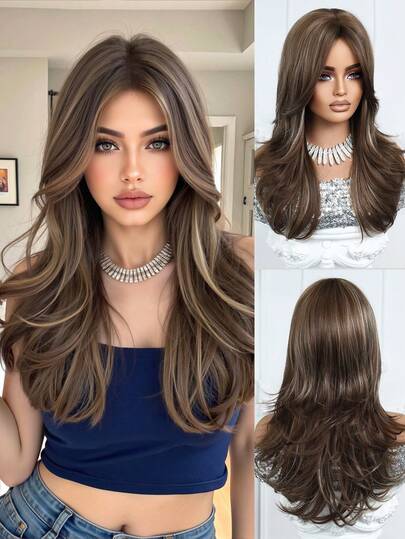 Brown Highlighted Hair, Mid-Length Wig With An Eight-Shaped Fringe, Natural Appearance Curly Wig, Suitable For Women, Synthetic Heat-Resistant Hair Wig, Suitable For Festivals, Travels, Parties, Role-Playing, Daily Wear, Girls' Festival Gifts