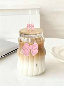 One Glass With A Bamboo Lid And Straw, Striped Design, Suitable For Water, Iced Coffee, Milkshakes, Fruit, And Juice. Features A Pink Bow Print, Is Reusable, Perfect For Summer Drinks, And Is A Large-Capacity Portable Beverage/Juice Glass For Outdoor Travel. Ideal For Home, Office, Parties, Birthday Parties, Holidays, And Christmas. Suitable For Both Summer And Winter Use. - Clear - View 5