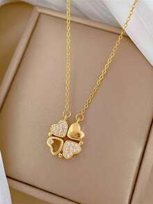 1pc Customizable Women's Chain Necklace, Mother's Day Gift, St. Patrick's Day Necklace, Featuring Engraved Heart Pendant And Openable Heart Wings - Fashionable Minimalist Titanium Steel Material, Perfect Gift For Christmas, Valentine's Day, Anniversary, And Mother's Day - Yellow Gold - View 3