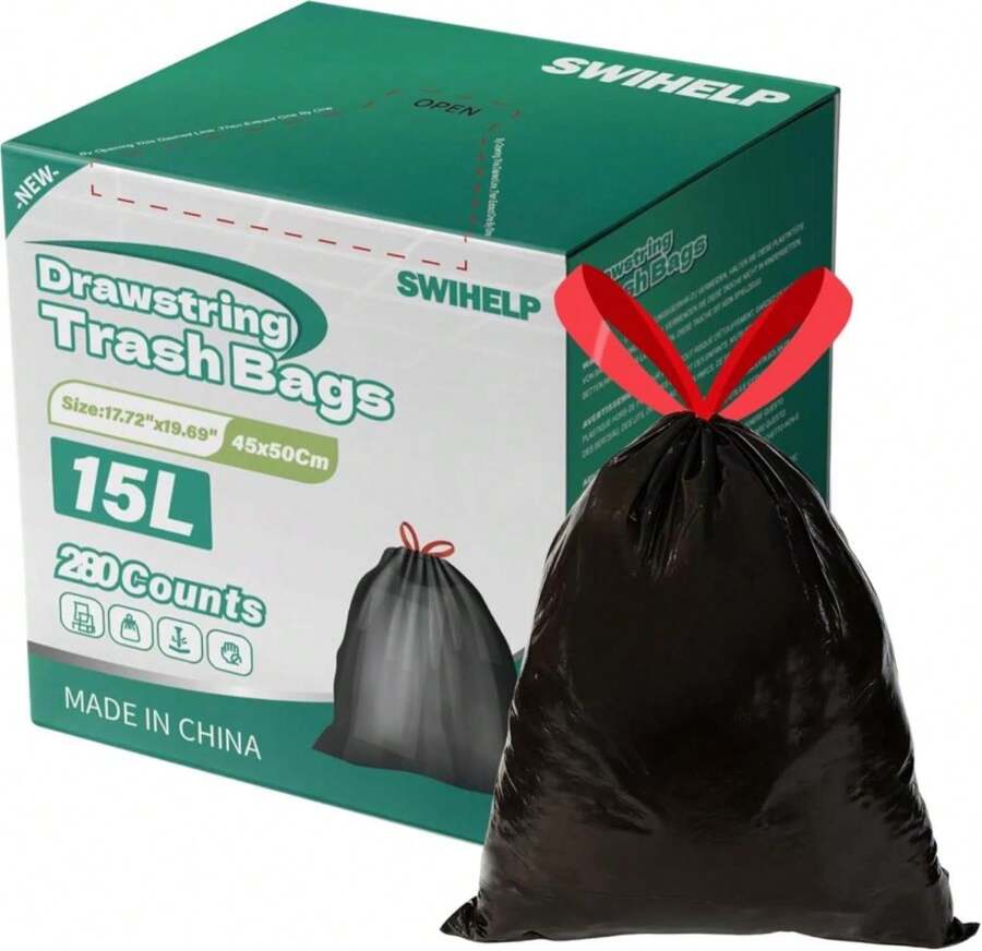 SWIHELP Drawstring Trash Bags 280 Counts 4 Gallon Garbage Bags 15 Liters Plastic Trash Can Liners Waste Basket Bin Liners - Màu B - Xem 1