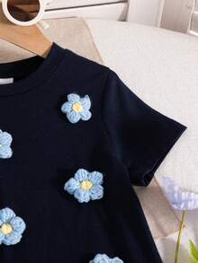Vestido de manga corta hasta la rodilla con estampado de rayas y flores en parches, para niñas, primavera/verano - Azul - Ver 5