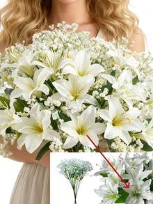 Bó hoa ly và hoa cẩm tú cầu nhân tạo 25/20/10 bông - Hoa giả bằng nhựa dùng trang trí đám cưới, nhà cửa, văn phòng, bàn tiệc - Không cần bảo dưỡng, trông như thật - Nhiều màu - Xem 2