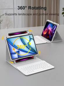 360°旋转键盘保护套，兼容iPad A16（第11/10代）、第9/8/7代（10.2英寸）、iPad Air（10.9/11英寸），采用TPU翻盖PU皮革材质，包含无线蓝牙键盘（150mAh电池）和支架，银灰色 - 銀色 - 查看 3