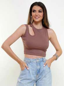 Cropped Asymmetrical Ribbed Cotton - 摩卡棕 - 查看 2