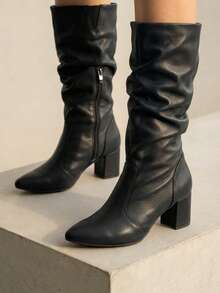 Women's Mid-Top Boots With Accordion Sole, Block Heel, And Pointed Toe. - Black - View 1