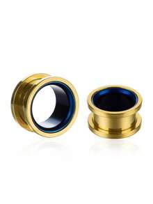 1 Pair Fashionable Bohemian Hippie Rock Stainless Steel Plated, Dual-Color Hollow Ear Plugs/Ear Gauges, Unisex Piercing Jewelry Suitable For Daily Wear, Work, And Parties - Gold & Blue - View 17