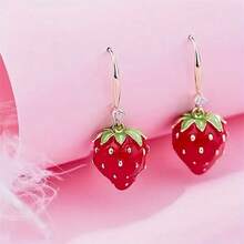 1 Pair Cute Strawberry Design Rhinestone Inlaid Dangle Earrings, Minimalist Versatile Daily Wear For Women - Multicolor - View 4