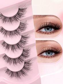 ENCHUW 5 Pairs False Eyelashes Fluffy Soft Wispy Volume Natural Lashes With Clear Band Reusable Eyelashs Makeup For Vacation - Black - View 4