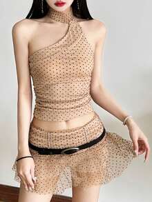 Top Dazzle Women Sexy Party Halter Polka Dot Mesh Two Pieces Outfit With Slight Stretch Fabric Vacation Carnivals - Khaki - View 2