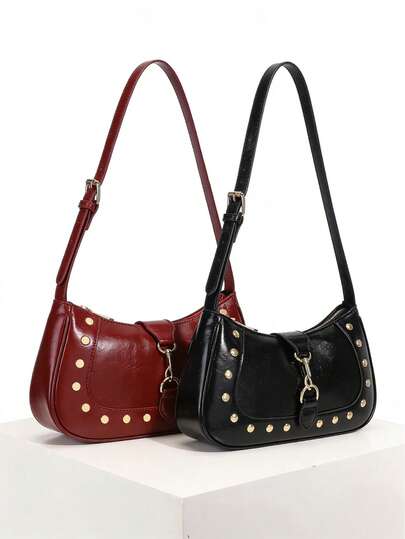 1个复古铆钉腋下包，油皮法棍单肩包，甜美酷炫女孩必备单品，绝佳礼物