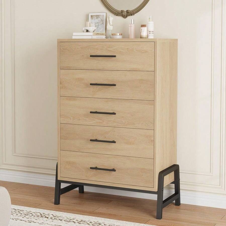 Huisuilinss 5/6 Drawer Dresser,Tall Dresser For Bedroom,Modern Chest Of Drawers,Freestanding Wood Storage Organizer With Deep Drawer For Living Room Entryway Hallway - Tủ 5 ngăn kéo màu gỗ - Xem 1