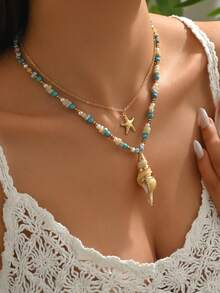 2pcs/Set Bohemian Beach Necklace Set, Gold Starfish Choker Necklace With Faux Turquoise Asymmetrical Beaded Layered Necklace, Suitable For Summer Beach, Party, Travel Jewelry - Multicolor - View 4