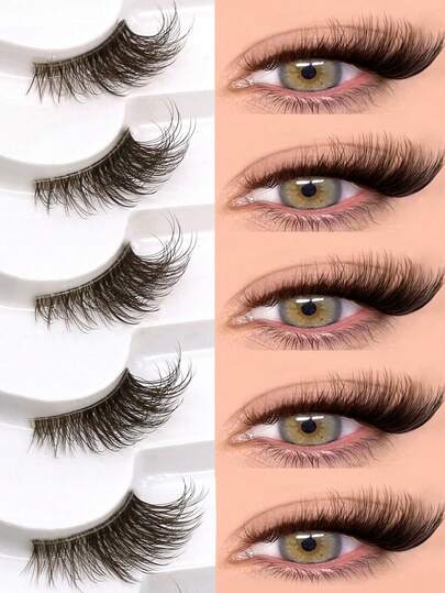 Lasvirey 6对棕色半截假睫毛，自然妆效，C型整条假睫毛，短款猫眼假睫毛，轻盈柔软，交叉浓密型假睫毛，适合各种派对场合