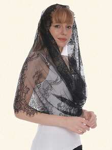 1pc Women's Fashion Lace Embroidered Printed Veil, Black & White Mosquito-Proof Sunscreen Shawl, Suitable For Wedding, Party - Multicolor - View 14