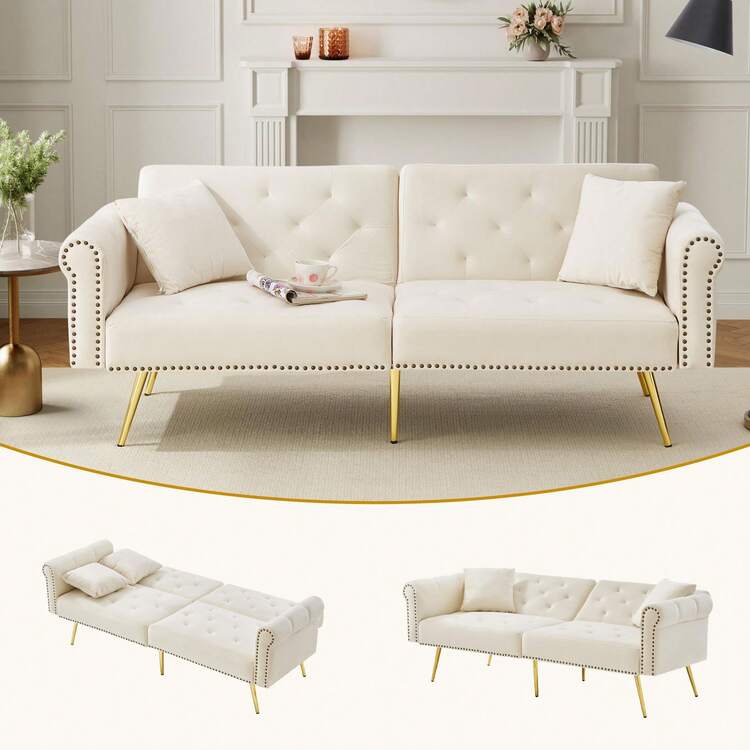Modern 2-Seater Sofa Bed – Velvet Upholstery, 3-Position Reclining Backrest, And Gold Metal Legs. Elegant Convertible Sofa – Space-Saving, Durable, Ideal For Small Spaces. - 米色+泡沫+2座 - 查看 10