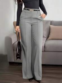 Plus Size (No Belt) Solid Color Pocket Office Daily Commute Elegant Dress Pants Spring - Grey - View 2
