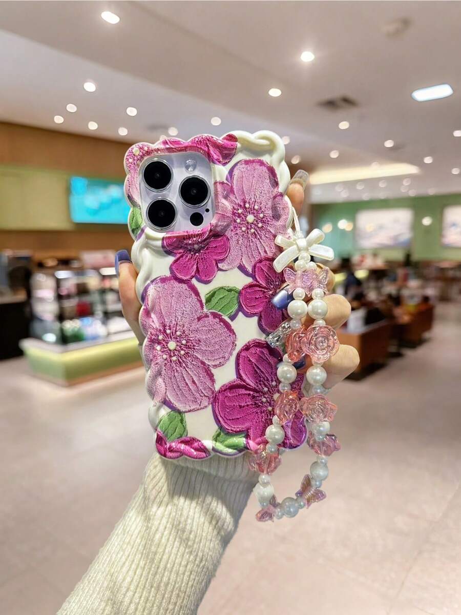 花朵编织波浪边简约优雅TPU花卉彩绘防摔手机壳，配手工串珠手链，兼容 16/11/16Pro/16Plus/16ProMax/16E/15ProMax/13/14/12/XS/XR/7G/8PXR/7/8，兼容 15ProMax、13、14、12、X、12/14彩绘TPU防摔软壳