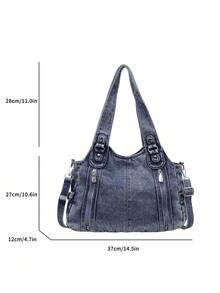 1pc Blue Minimalist Large Capacity Shoulder Tote Bag, Suitable For Outings, Travel, Vacation, Fits Textbooks, Laptops, Clothes - Navy Blue - View 2